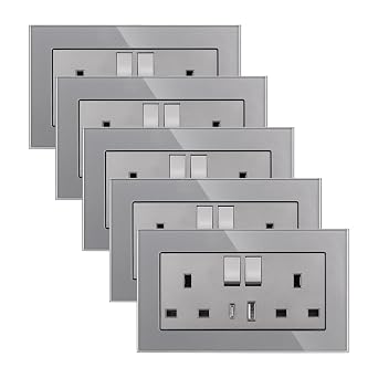 CNBINGO Glass Double Socket with USB,Electrical Power Wall Outlets Grey | USB C/A Ports Charging,5 Pack Double Switched Plug Socket,13A USB Double Wall Socket