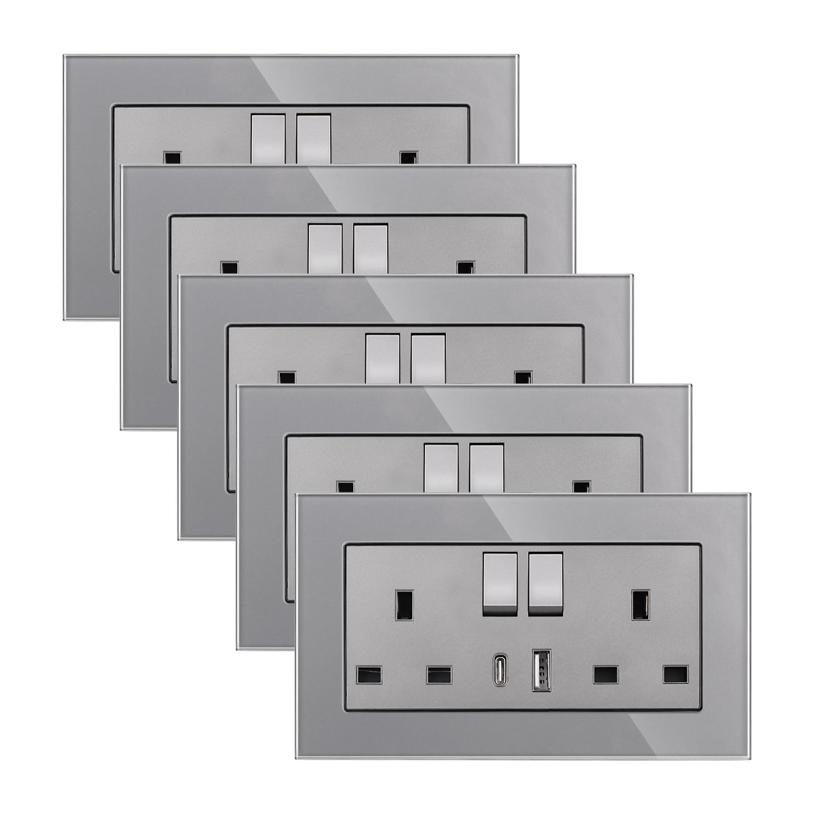 CNBINGO Lot de 5 prises doubles avec USB, double prise avec panneau en verre, prise murale grise