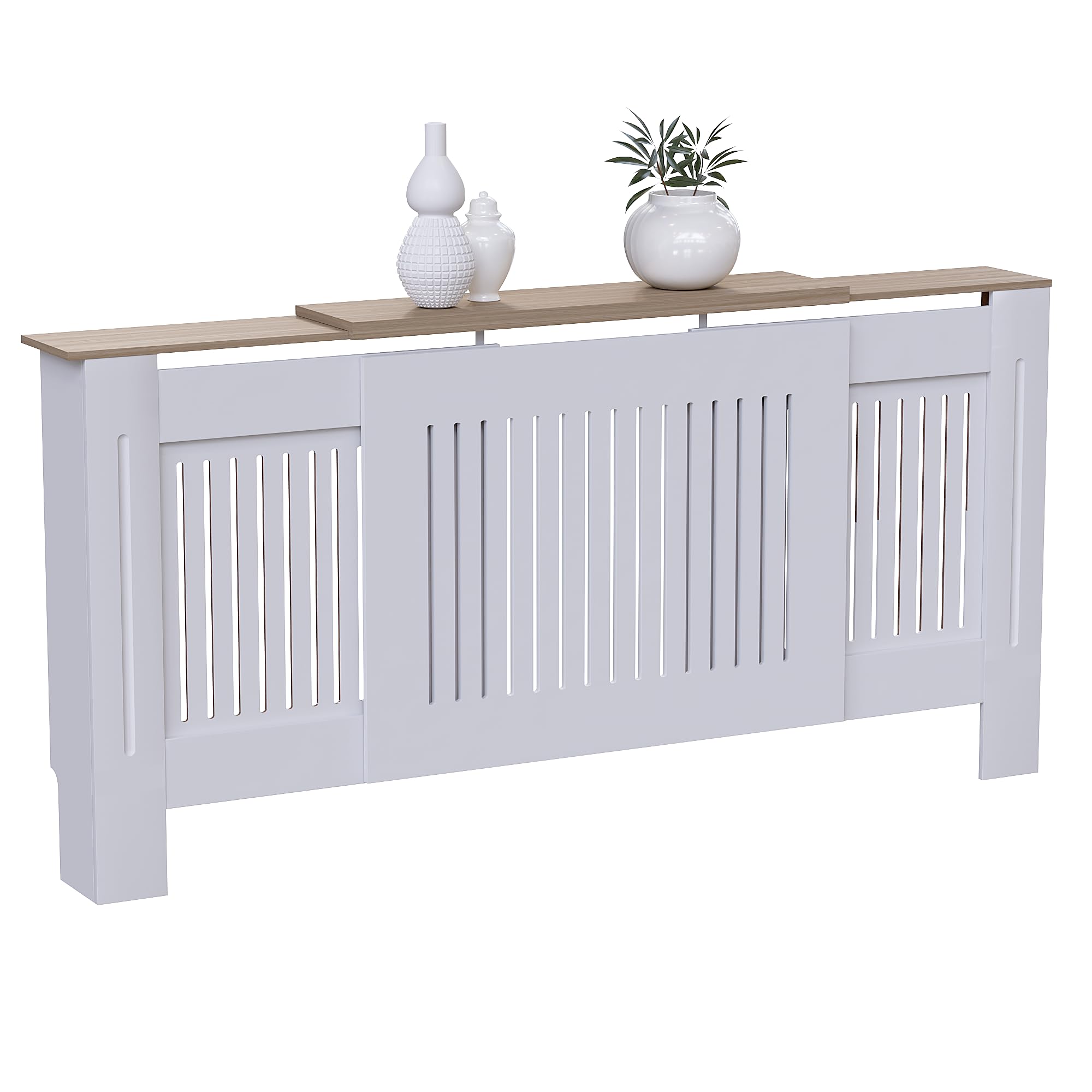 Vida Designs Arlington Radiator Cover White - Adjustable - Modern Shaker Style Vertical Slats for Heat Circulation - H83xW140-204xD19cm - Painted MDF Cabinet for Living Room & Hallway