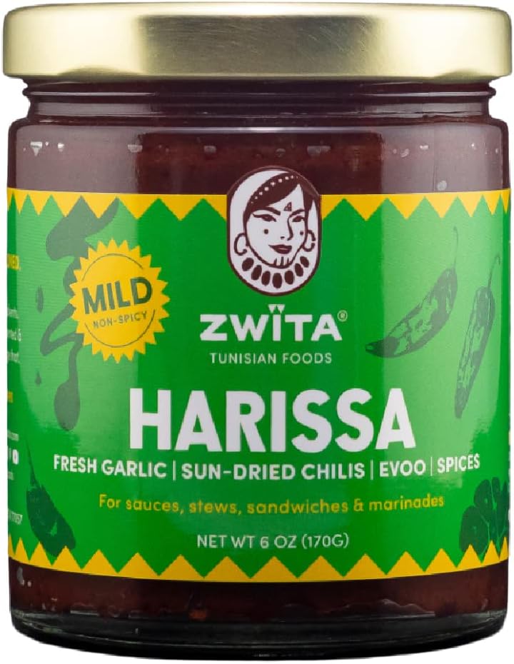 Zwita Mild Harissa 6oz | Tunisian Thick Sun Dried Chili Paste | NOT Spicy | Harissa Paste | Sun Dried Chilis, Fresh Garlic, Extra Virgin Olive Oil, Spices | Ancestral Recipe | 100% Grandma Approved | Amazing Flavor for your Soups, Stews, Sauces and Marinades