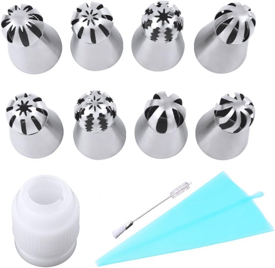 Russian Ball Tips, MCIRCO Russian Piping Tips Icing Tips Nozzles Cake Decorating Supplies 8-piece Cookies Macaron Cupcake Decorating Tips Kits with Reusable Silicone Pastry Bag and Coupler(Set of 8)