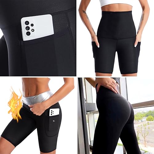 Miniatura 4 de Traje deportivo para sauna, pérdida de peso, pantalones cortos, bolsillos, entrenamiento de cintura, moldeador de cuerpo, para ejercicio, gimnasio,