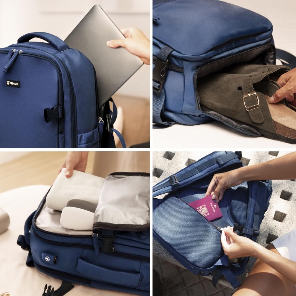 NUMADA - Zaino Ryanair 40x20x25 cm (20L) con Scomparti Multipli e Adattabilità Alla Maniglia Della Valigia. Zaino da viaggio porta PC con Scomparto per le Scarpe e Porta di ricarica USB