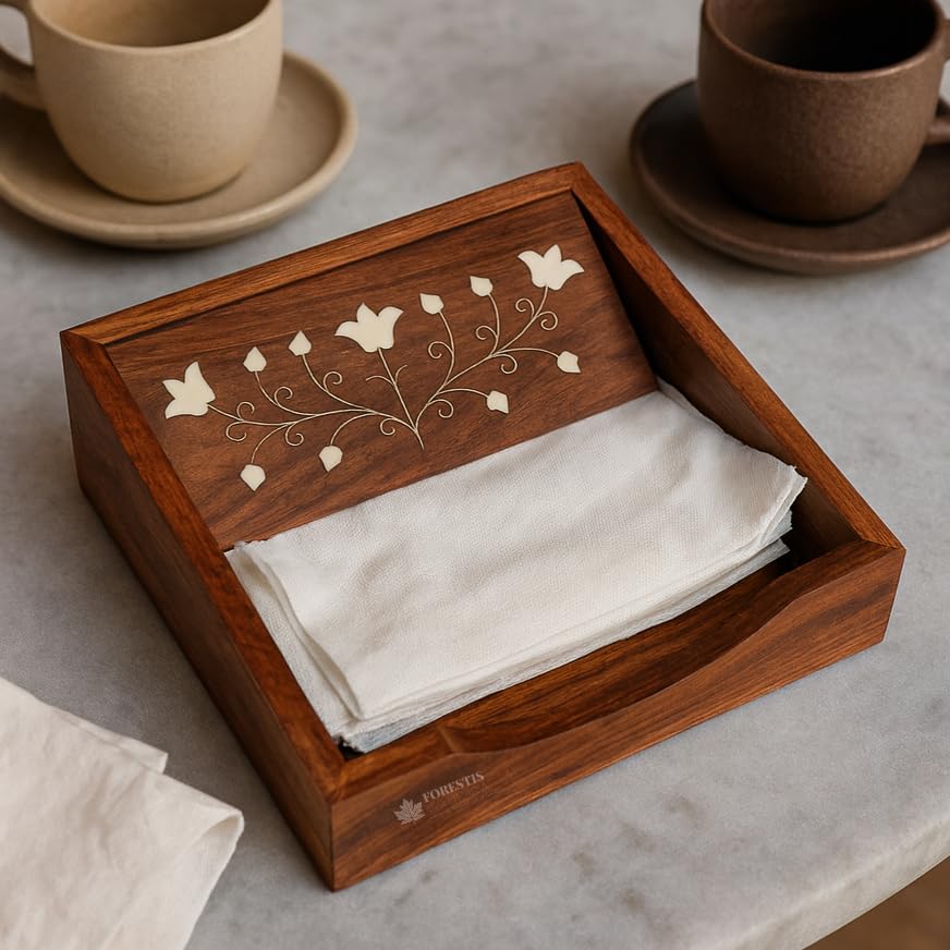 Image of Wooden Tissue Box| Rosewood Napkin Box| Tissue Holder Organizer for Table, Home, Office, Car| Rectangular Facial Paper Cloth Storage Case| Dispenser (7.5X7.5 Inches, Vana Rosewood Tissue Box)