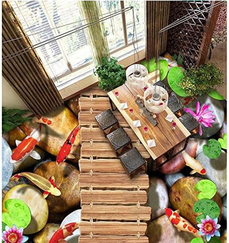 3D Wallpaper Mural Painting Floor Stickers PVC Wooden Board, Lotus Carp, Stone 3D Floor, Three-Dimensional Painting,120X80Cm Ayzr