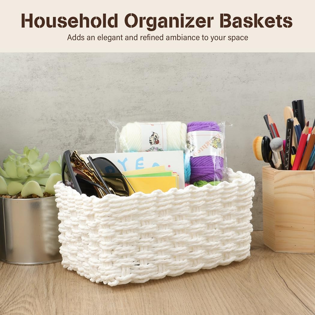 3 cestas tejidas de cuerda de papel blanco, organizador apilable para el hogar con forma rectangular