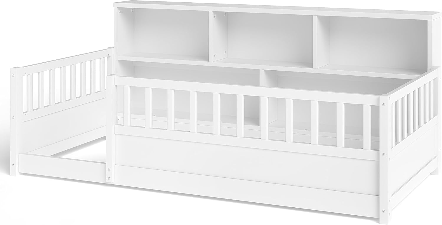 Bellemave Twin Floor Bed with Bookcase and Rails, Twin Size Montessori Floor Bed Frame with Storage Shelves, Versatile 2-in-1, Wooden, Easy Assemble, for Kids, Without Slats, White