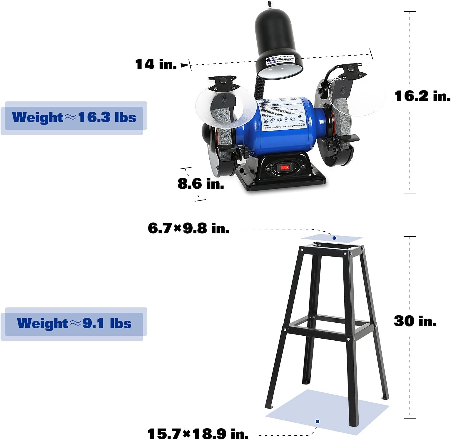 BILT HARD Bench Grinder 6 Inch 2.1 Amp, Sharpening Polishing Grinding, Equipped with Work Light and 30 Inch High Stand - CSA Listed