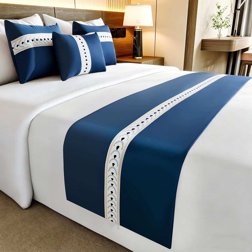 Miduohu Blue Satin Bed Runner For King Size Beds, Jacquard Scarf Bedding Scarves For Hotel, Home, Guesthouse(,50X180cm (For 1.2M Bed))