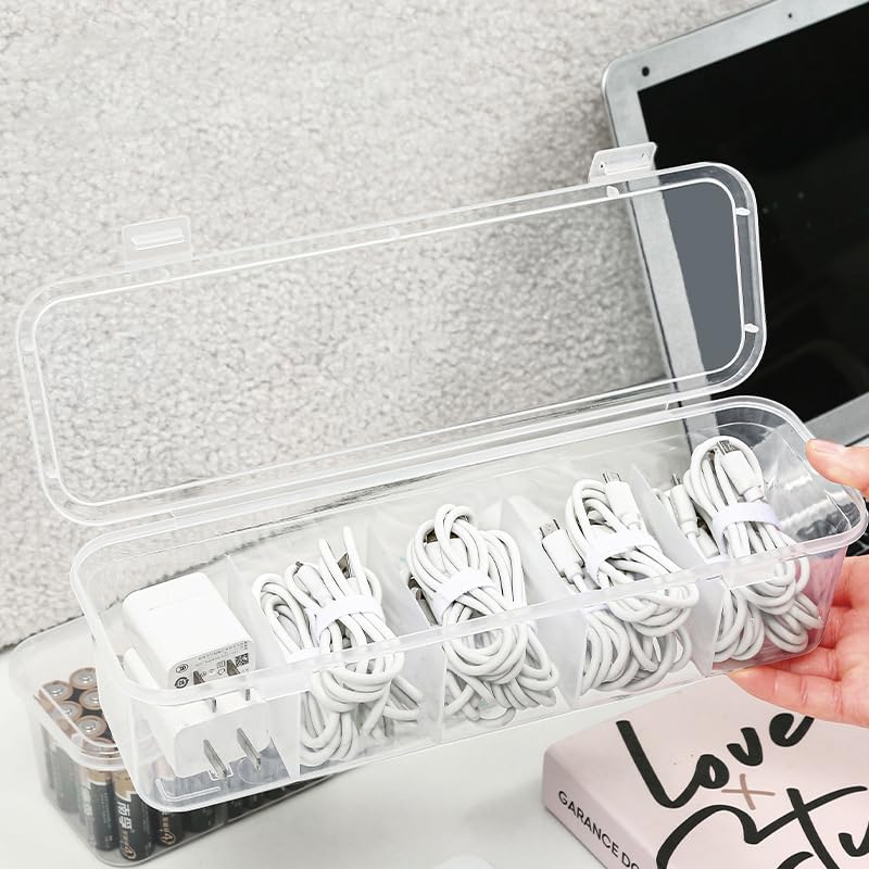 Cable Organizer Box, 6 Compartments Desktop Cable Management Box with Lid, Electronic Accessories Organizer for Home Office & Travel Use, Transparent