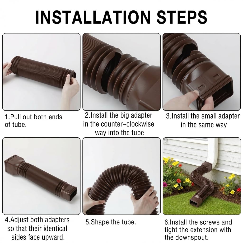 16.5ft Long Gutter Downspout Extensions for Rainwater Drainage, 4” Diameter Thickened Flexible Downspout Extender Extendable from 3.6ft to 16.5ft(Brown) - 4