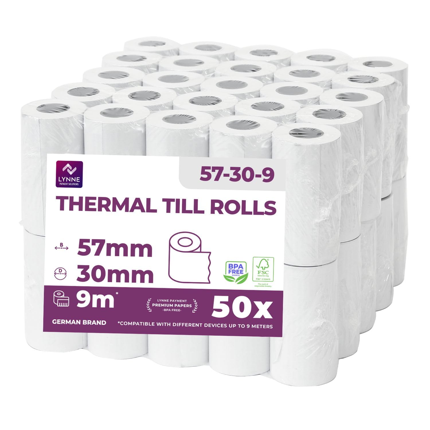 LYNNE - Rouleau TPE Carte Bancaire 57x30x12 - Bobine papier thermique 57mm x 9m x 12mm - Papier Rouleaux TPE - Rouleau CB thermique 57mm - sans BPA - [50x]