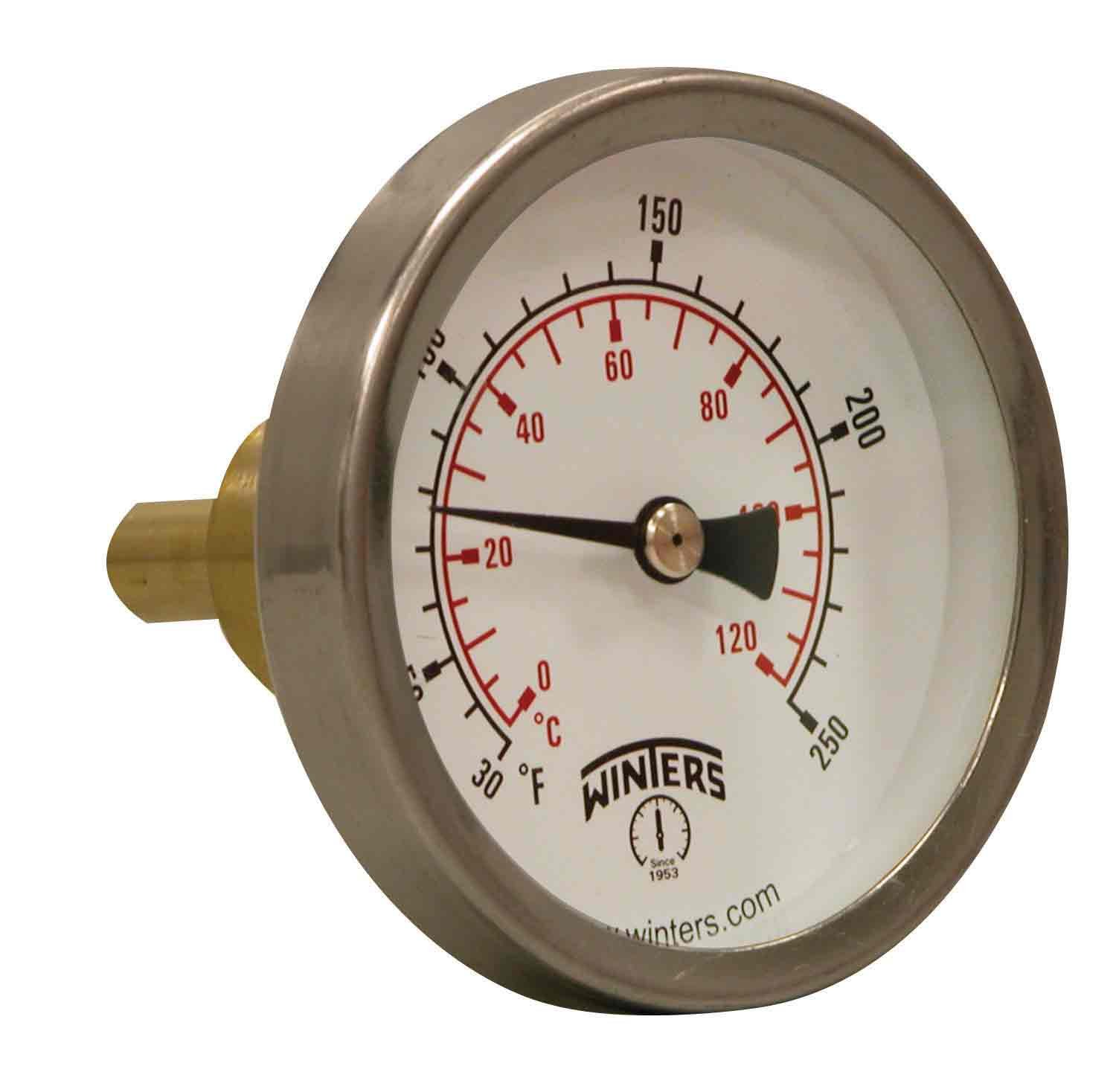 Winters TSW174LF Well Hot Water Thermometer, 1/2" NPT, 30 to 250 degrees F, ±1% accuracy
