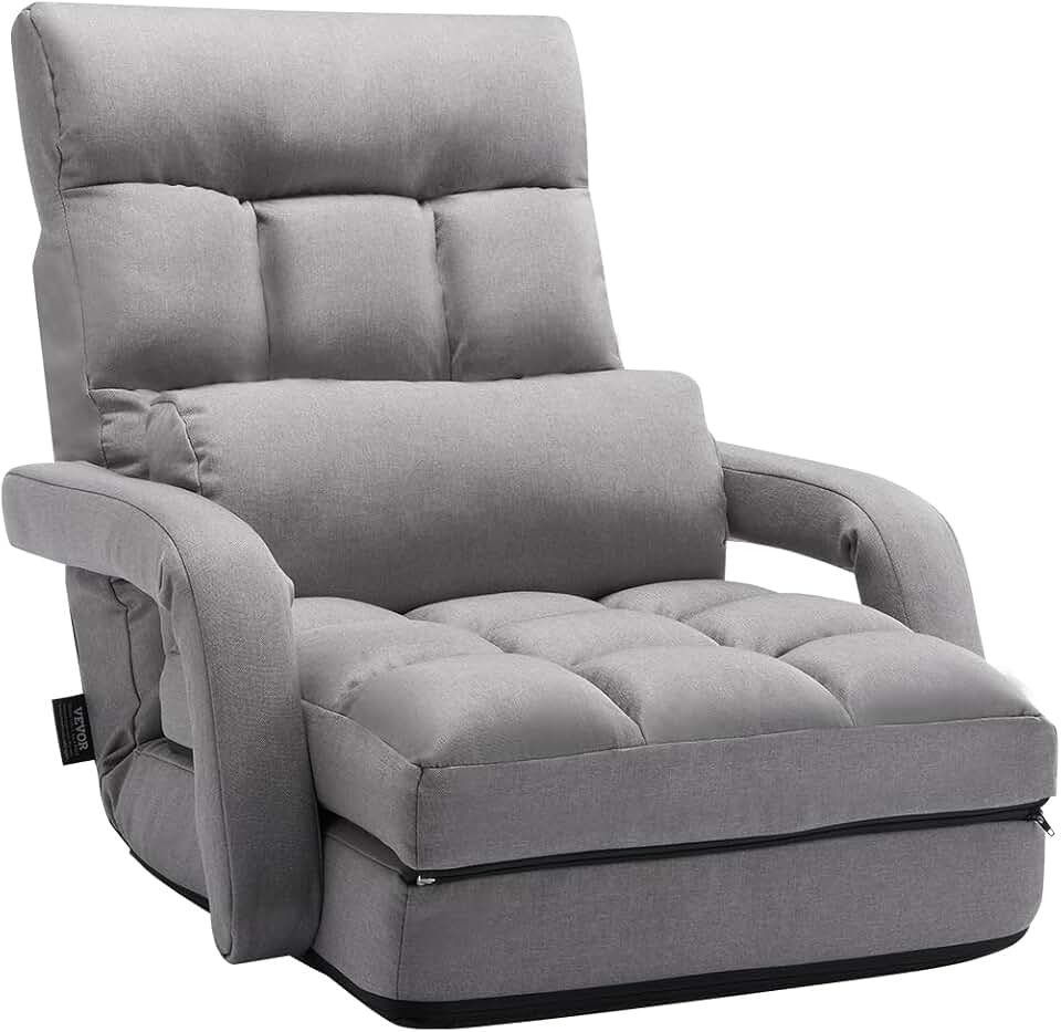 VEVOR Silla de Suelo, Sillón de Suelo con 5 Posiciones Ajustables y Respaldo, Sillón Plegable con Reposabrazos para Adultos, Sofá Cama con Cojín de Respaldo para Sala de Estar y Dormitorio, Gris