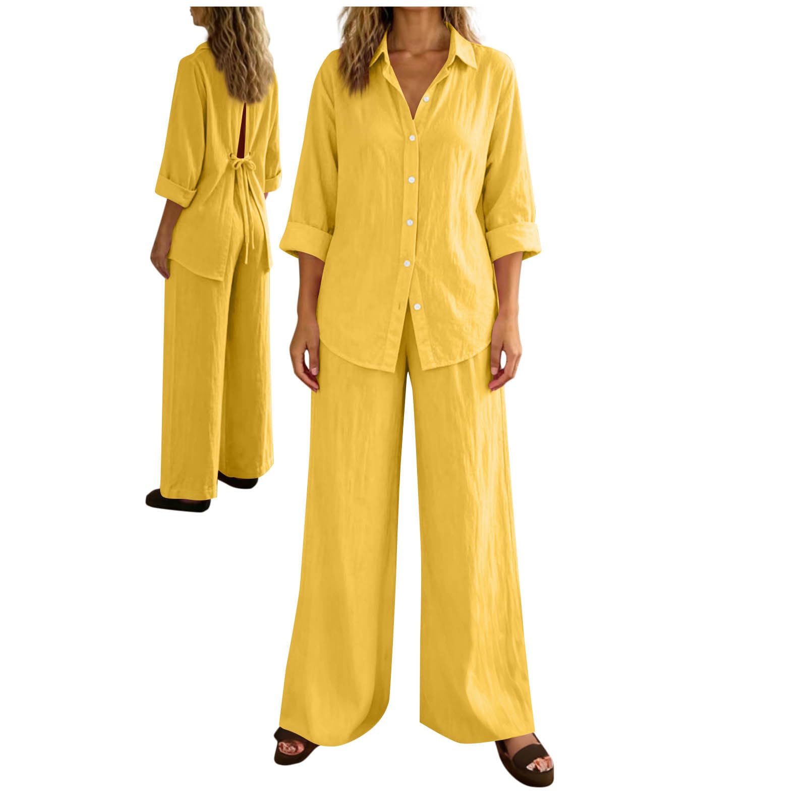 Mock Linen Co Ord Set per le donne Plus Size Casual 2 pezzi Abiti a maniche lunghe Button Down Camicia a gamba larga Pantaloni Loungewear Set Casual Allentato Tie Back Tute Da Viaggio Set Aeroporto