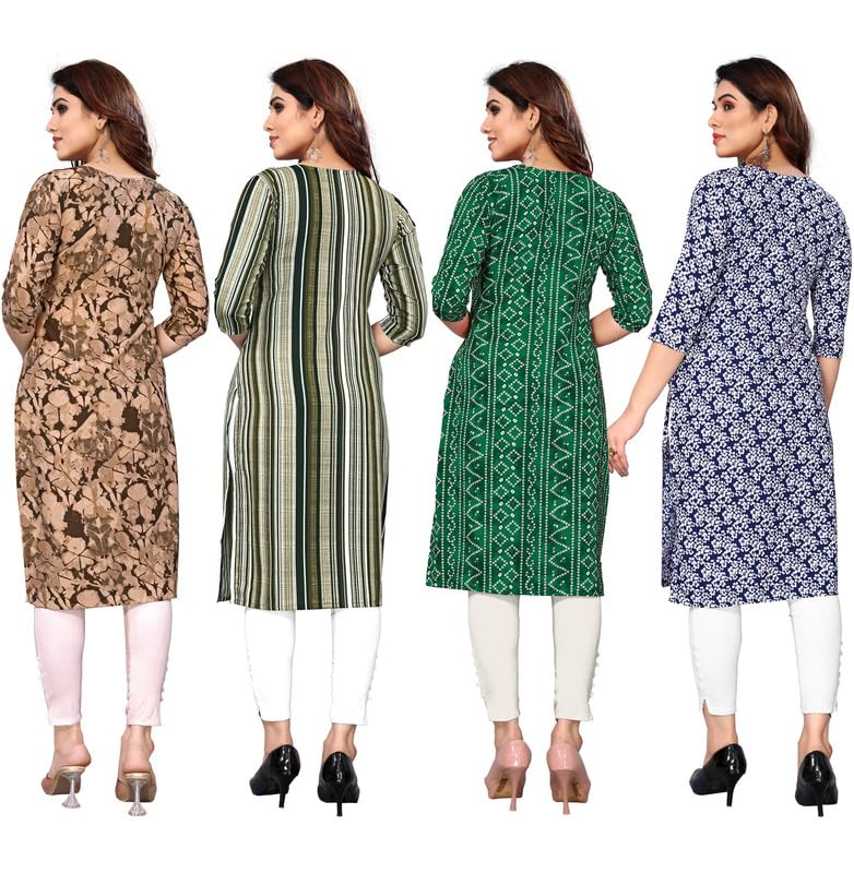 Image of JAKHANA Women's Crepe Printed Casual Straight Calf Length Round Nick Kurta Pack of 4