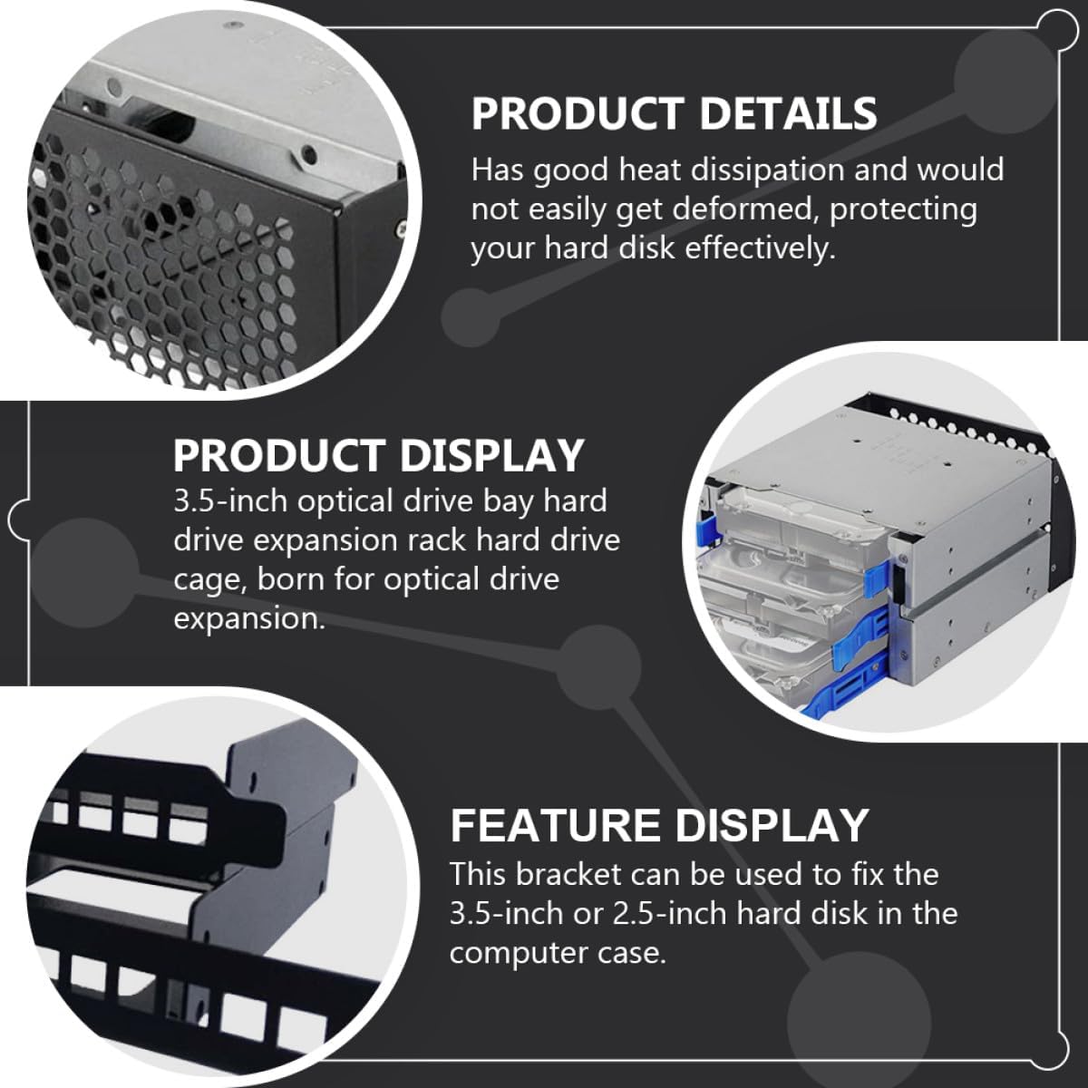 3-Bay 3.5 Inch Hard Drive Cage Mounting Bracket Aluminum Alloy Hard Disk Rack for Computer Storage Expansion Compatible with Sata SAS Drives