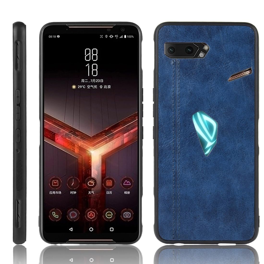 Protective Cover for Asus ROG Phone II ZS660KL (6.59 Inch) Ultra Slim Skin Lightweight Hard PC Case Cowhide Pattern Back Cover PU Phone Shell Blue