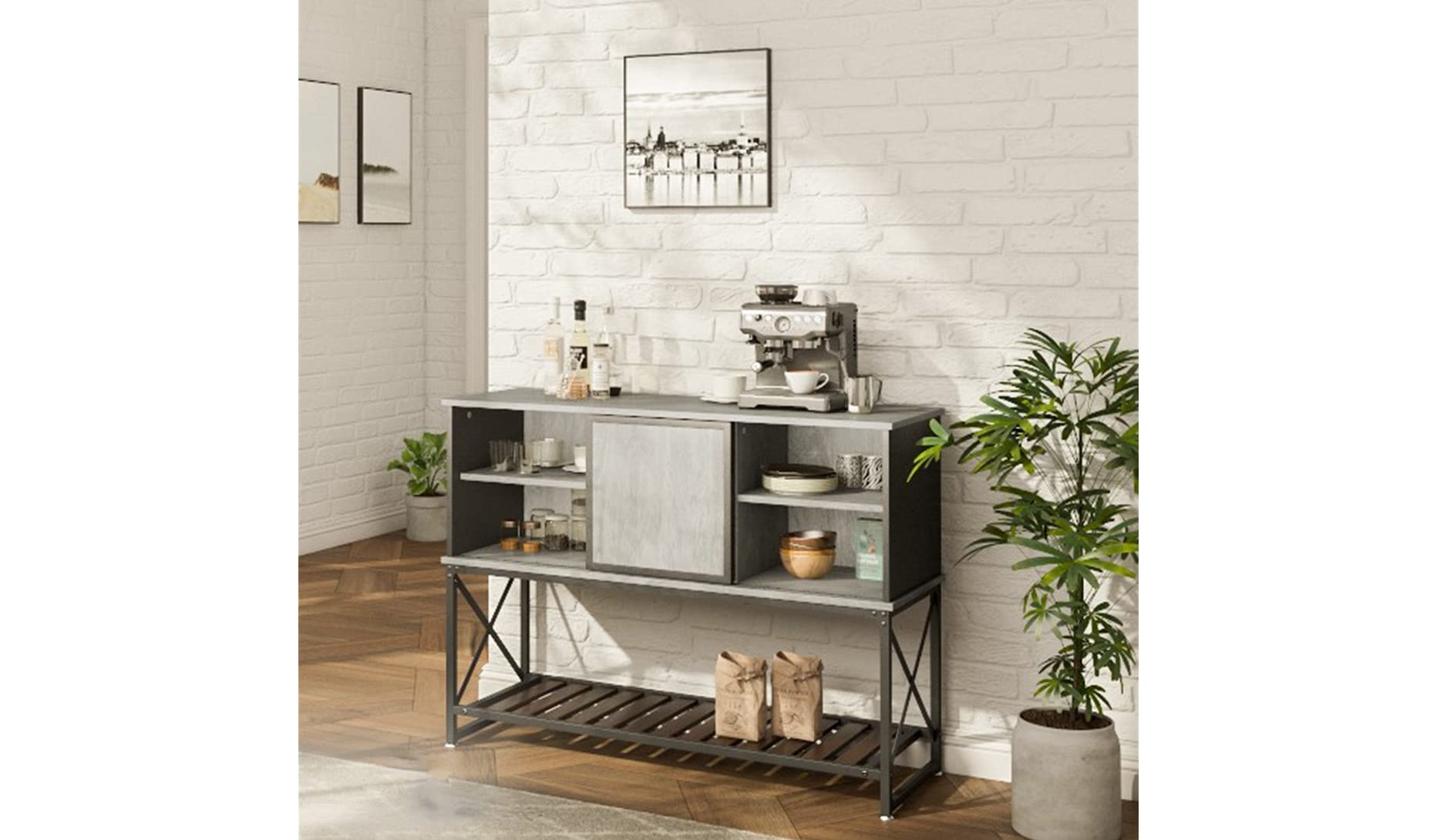 Buy Industrial Bar Coffee Bar Buffet with Storage Wood