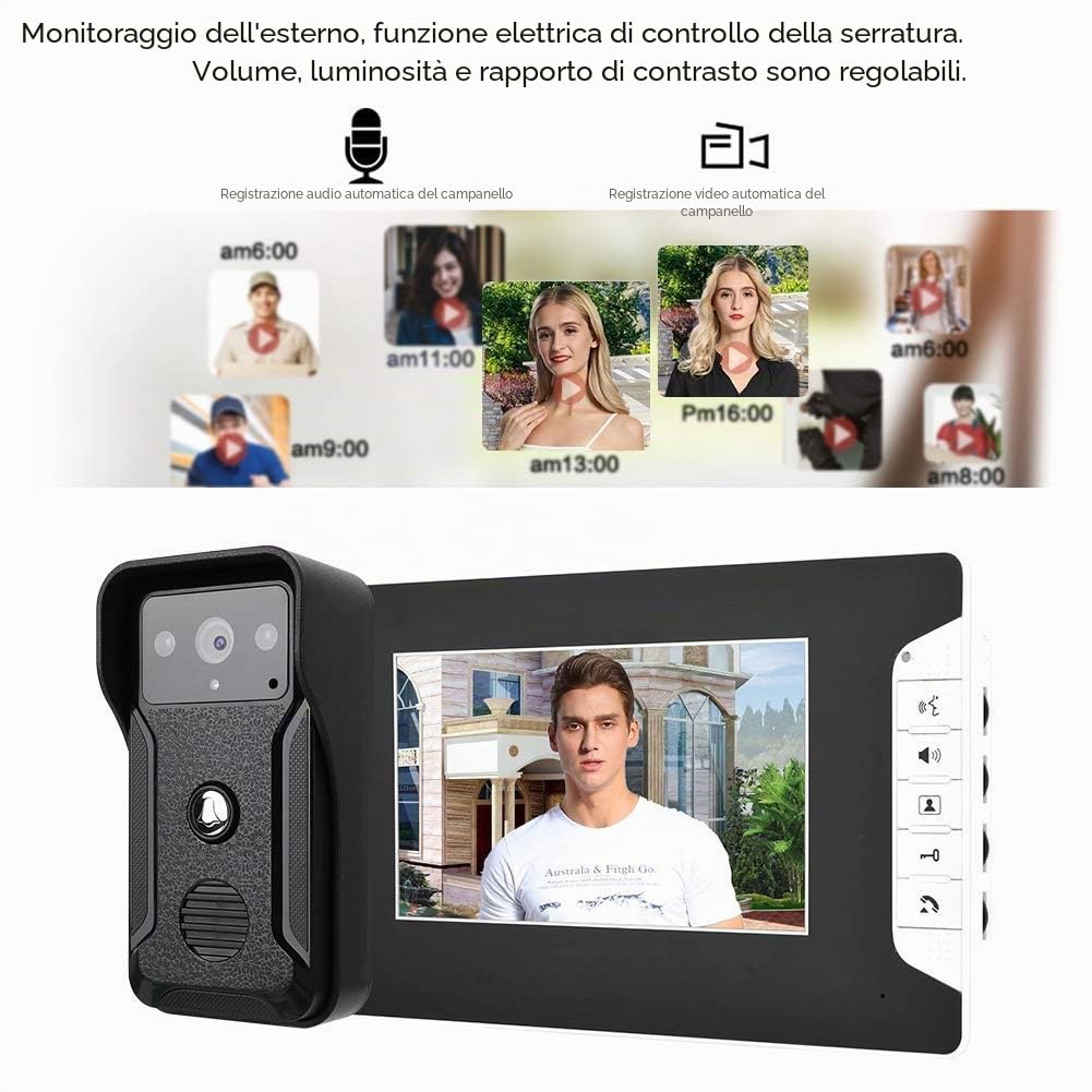 Videocitofono, Sistema Interfono con Video Campanello cablato LCD da 7 pollici con Telecamera da esterno 1000TVL, supporto visione notturna IR, monitoraggio, Sblocco(Unione Europea)