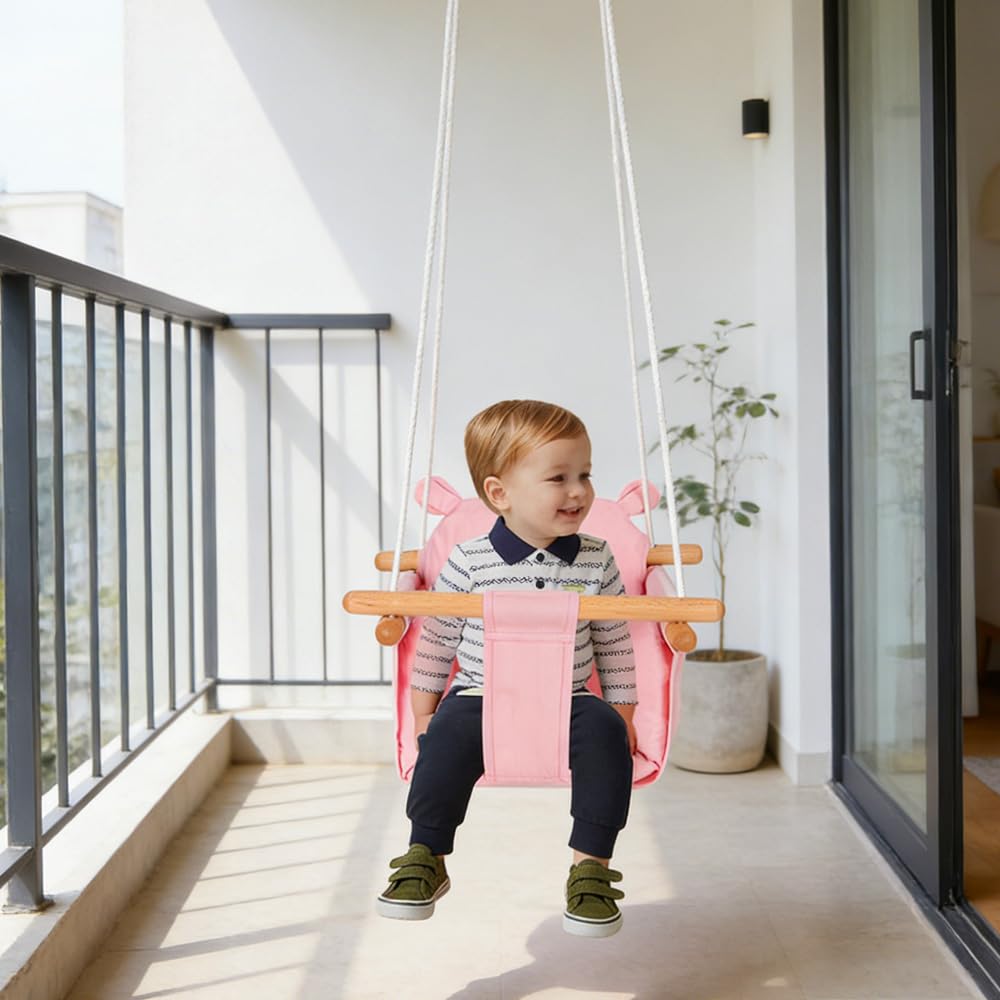 Columpio de Madera para Bebé, Columpio para Niños Osos, a partir de 6 Meses, Instalación Interior/Exterior, Carga Max 25 kg (Rosa)