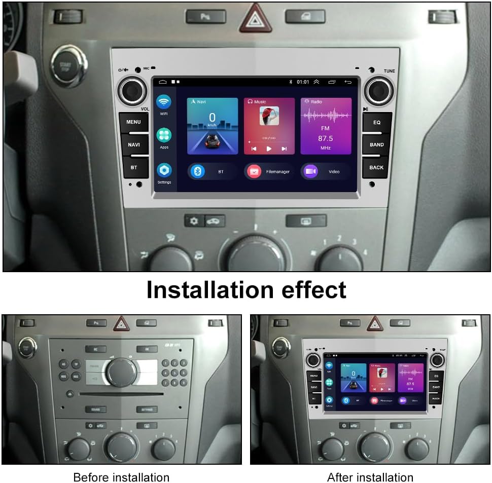 Image showing the car dashboard before and after installation of the CAMECHO car radio.