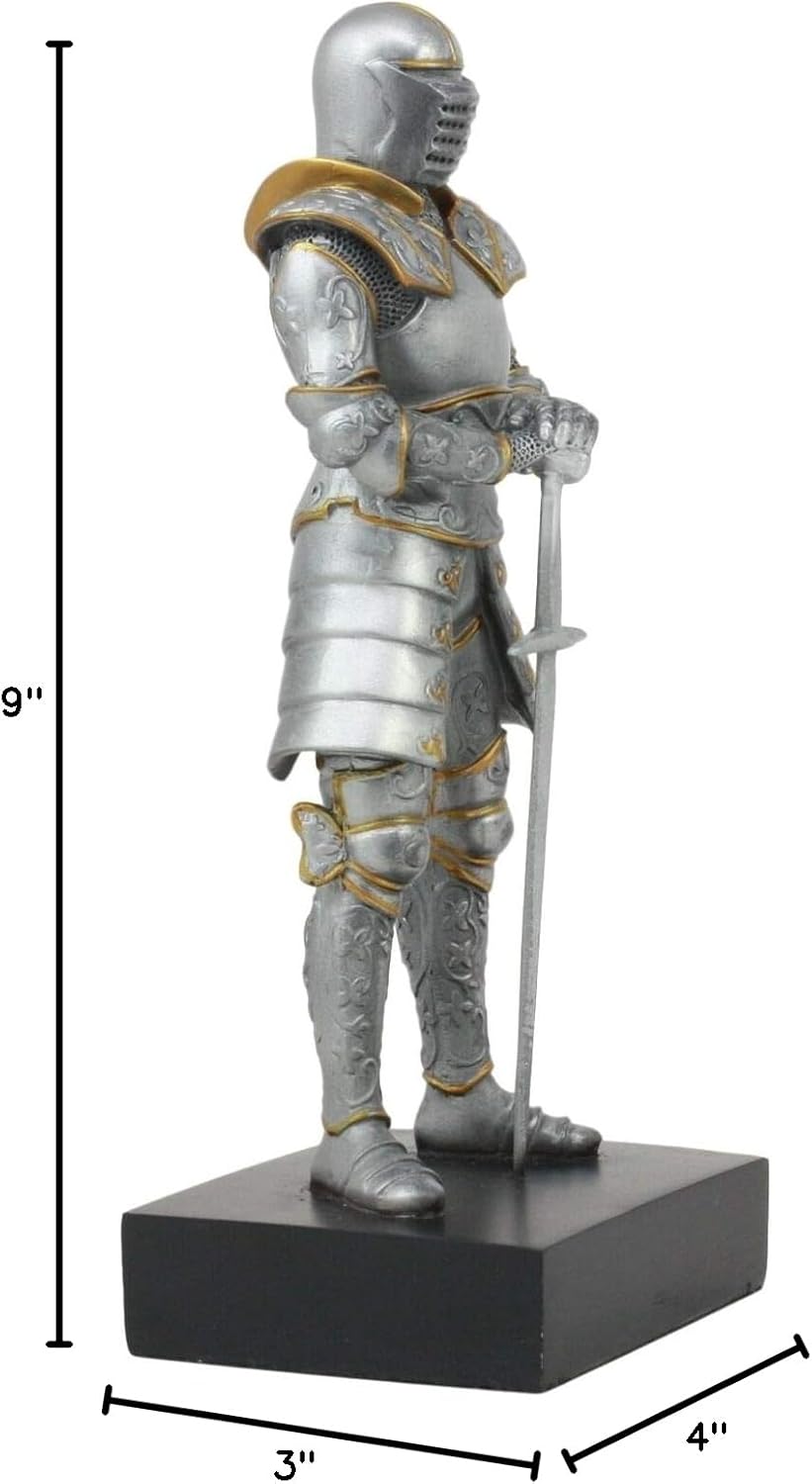 Ebros Italian Medieval Knight Champion Standing Ground Statue On Black Pedestal Base 9" Tall Suit of Armor Long Swordsman Figurine