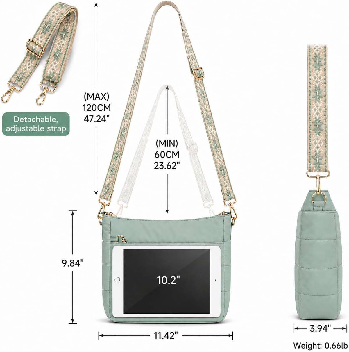 LOTAZAVA Quilted Crossbody Bag for Women, Lightweight Roomy Puffer Purse with Wide Strap Secure Closure,Fits iPad Travel Bag