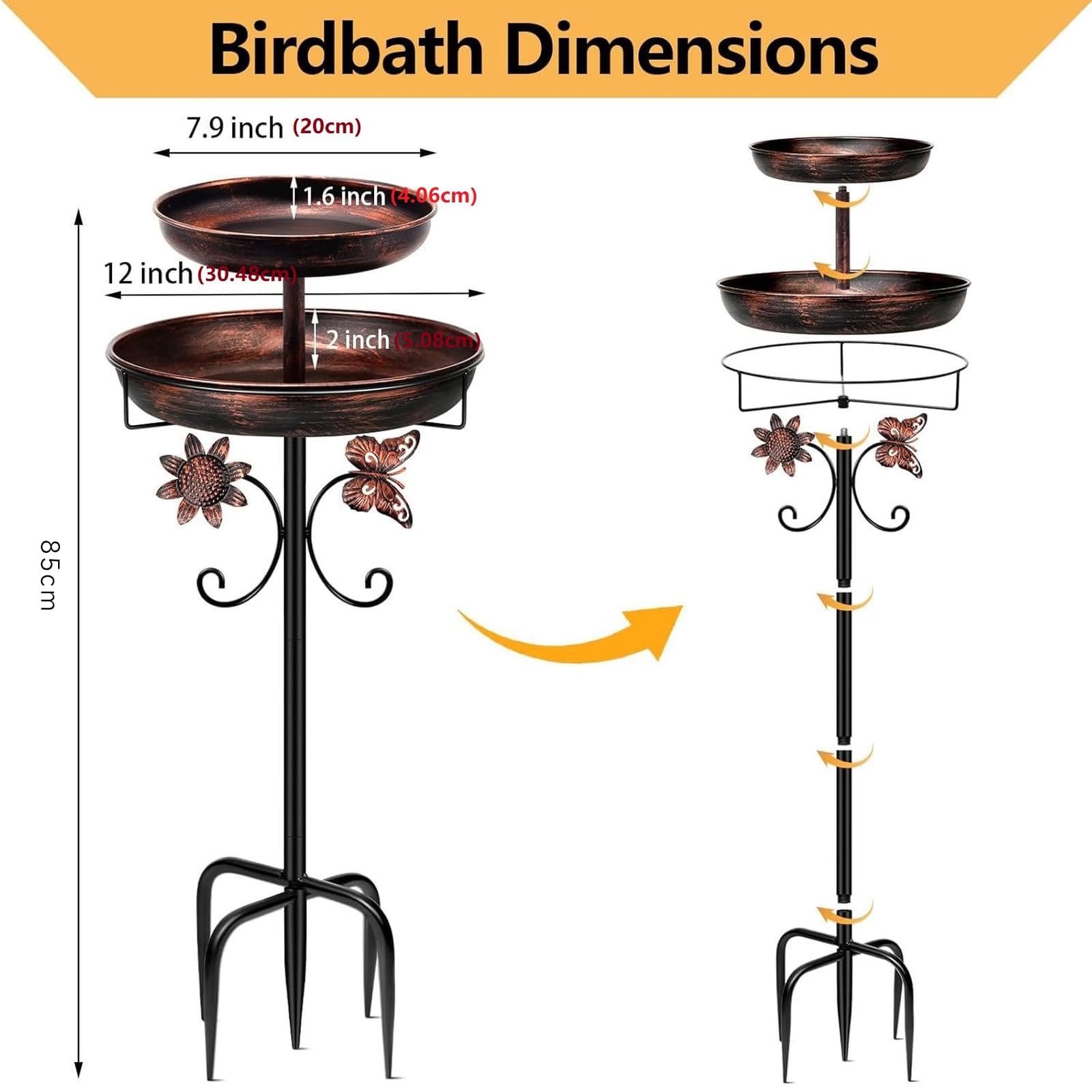 Baño para pájaros para exterior, jardín, 85 cm, cuenco de metal para pájaros, bebedero de agua para pájaros, bebedero para pájaros antiguos, resistente al invierno, cuenco de agua para pájaros