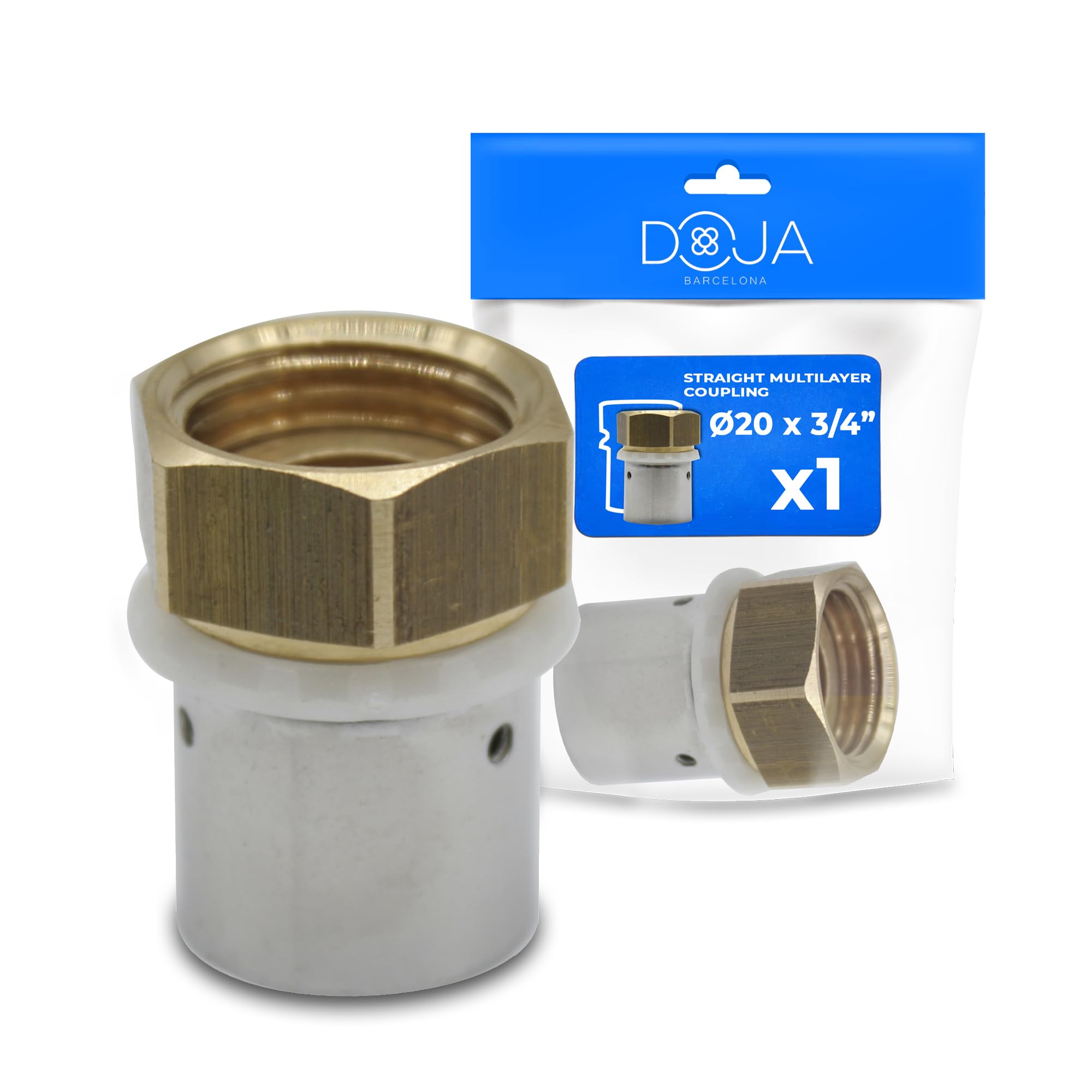 DOJA Barcelona Pressfitting Kupplung - Ø20mm x 3/4" - 4er- Pack - Einfache Montage - Pressfitting für Mehrschichtrohr - Mehrschichtverschraubung mit Perfektem Dichtungsdesign - Quetschverbinder
