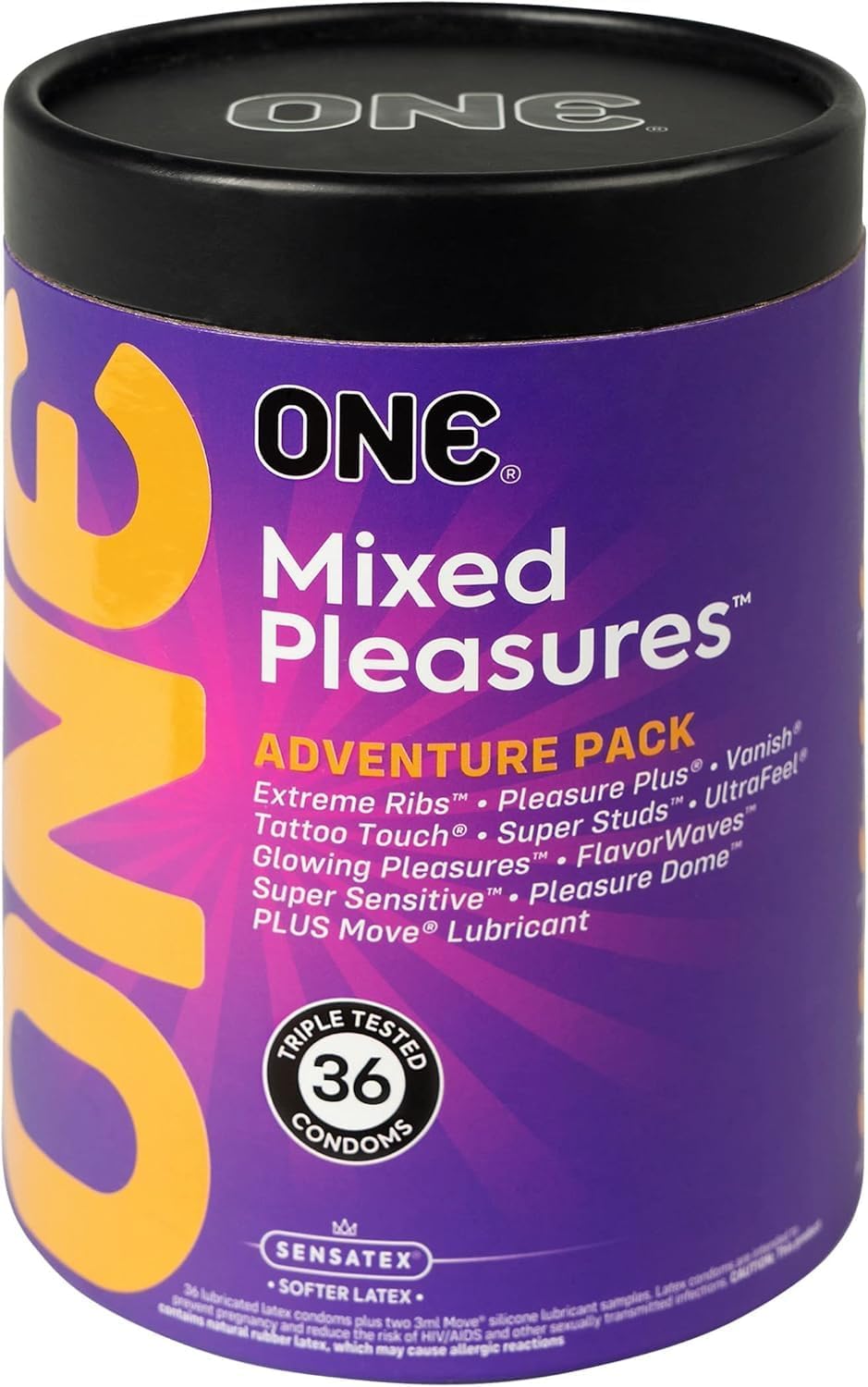 ONE Mixed Pleasures Variety Adventure Pack (Ribbed, Thin, Glowing, Flavored) Latex Condoms with Brass Pocket Case, 36 Count