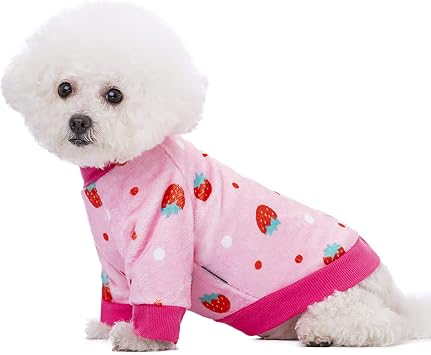 Thick Small Dog Clothes, Flannel Puppy Hoodie, Pink Strawberry Print Pet Sweatshirt, Cat Apparel S, Pink
