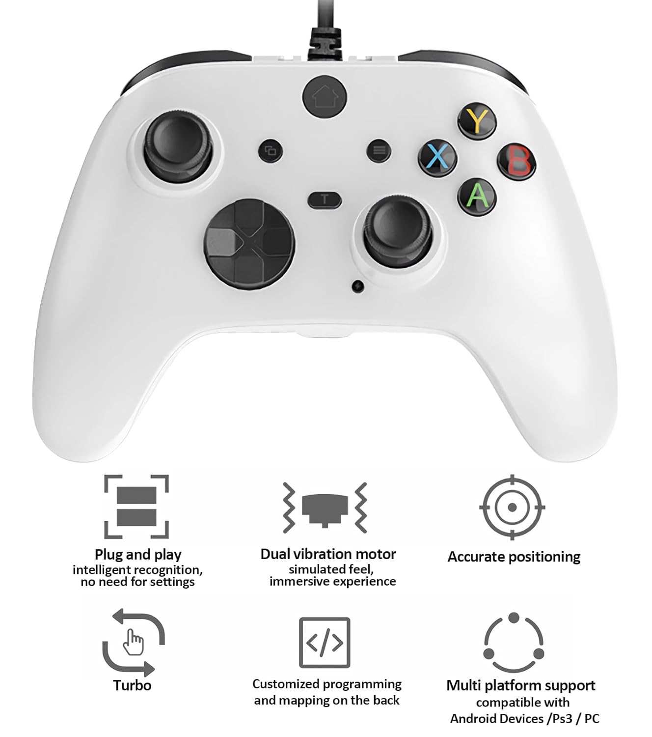 Ceozon Wired Controller for PC/ Ps3/ TV-box/Android Devices, Joystick for Game with Dual Vibration Motion Sense Turbo, Macro Programming, Trigger Buttons, with 8.2 ft USB Cable (White)