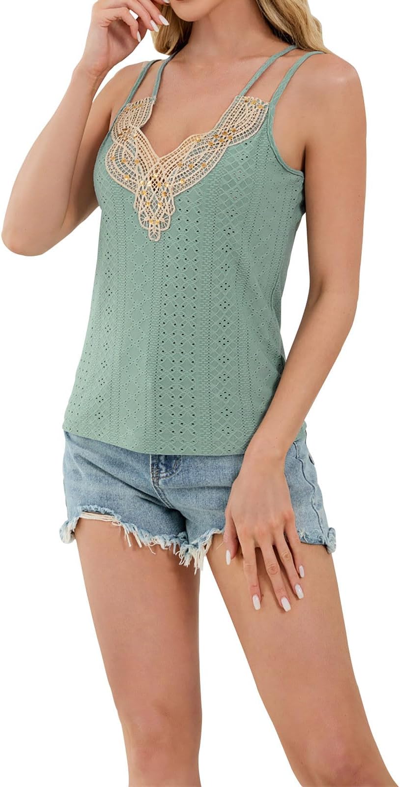Womens Cut Out Eyelet Cami Tank Vests Tops Vest for Women Sleeveless Vneck Lace Summer Fall Vest 2026