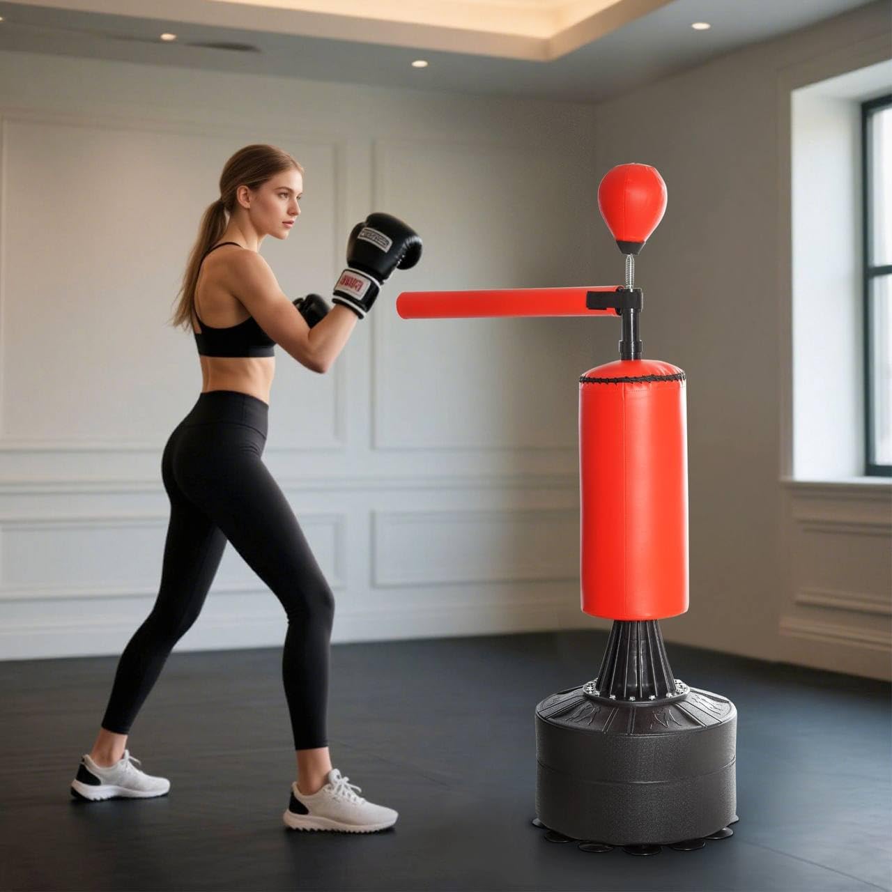 Freestanding Boxing Bag with Speed Ball, Rotating Bar and Gloves, Weighted Base, Black and Red, PU Material