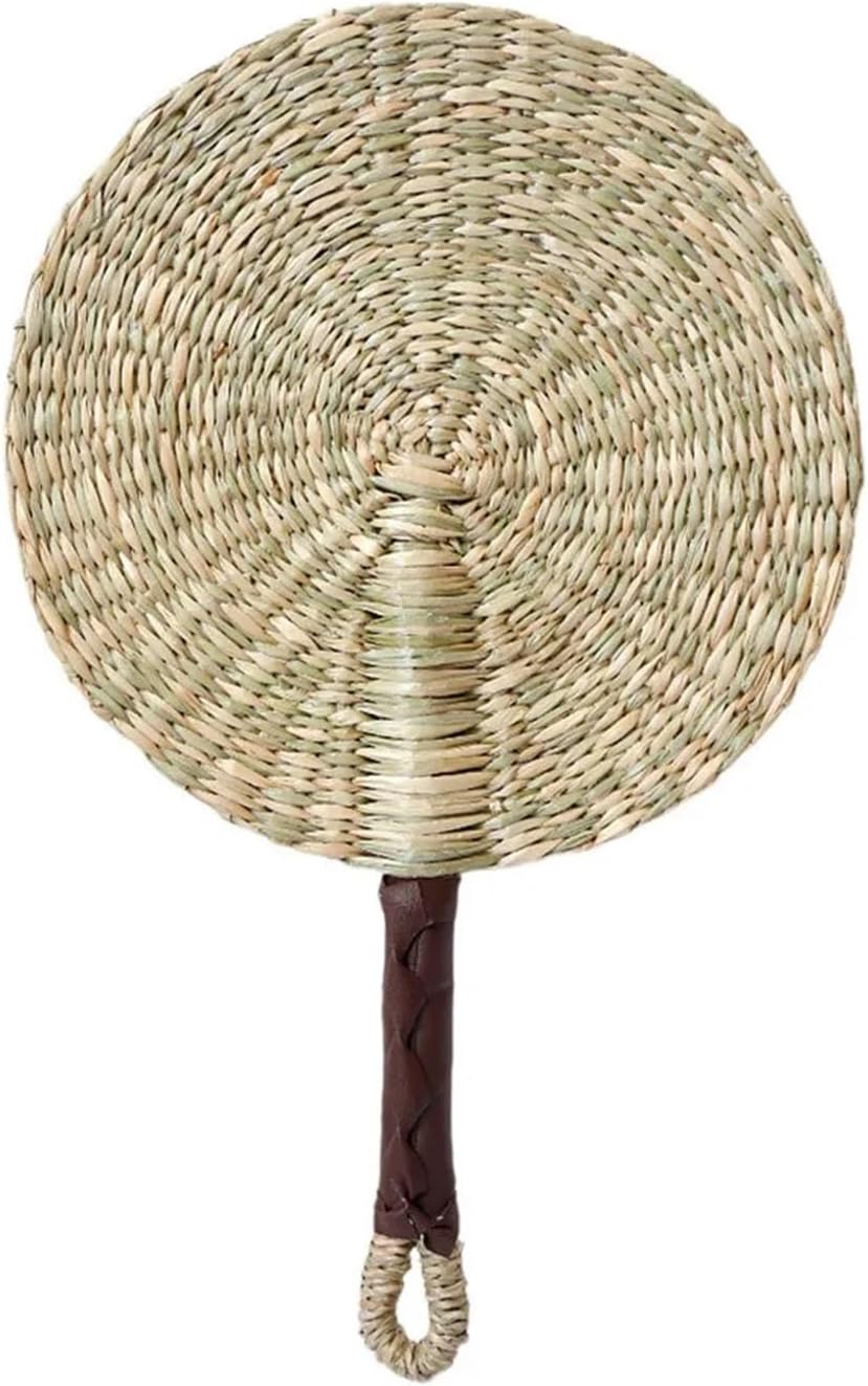 Colorful Striped Patterns Seagrass Woven Fan Vintage Anti-Mosquito Hand Braided Natural Portable Cattail School/Office(Style L)