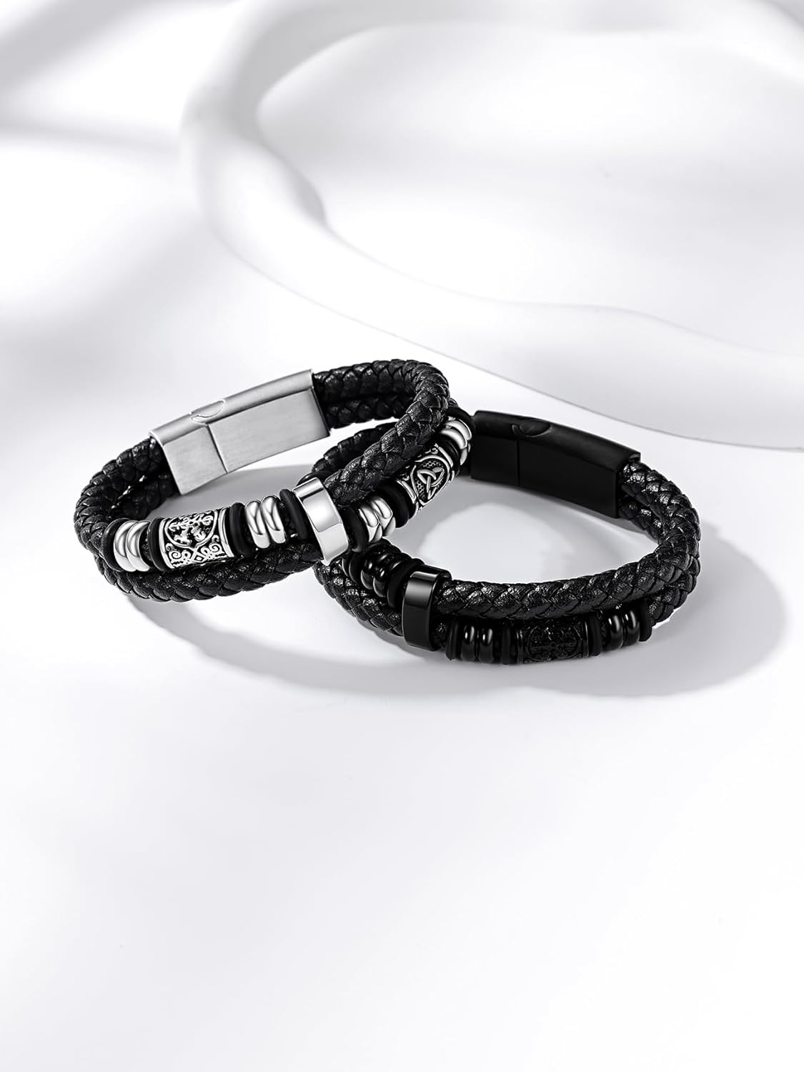 Bestyle Genuine Men Leather Bracelets Fashion Stainless Steel Celtic Beaded Wristband for Men, Size 7.5/8.3/9.1/9.8Inch Men Bracelet, Message Card Offered - Image 7