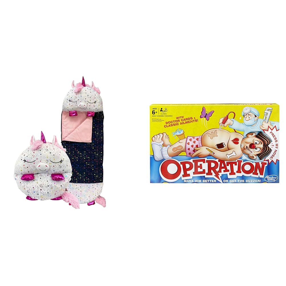 Kids Sleeping Bag - Shimmer Unicorn - Plush Toy, Comfy Sleeping Bag & Hasbro Gaming Classic Operation Game, Electronic Board Game with Cards