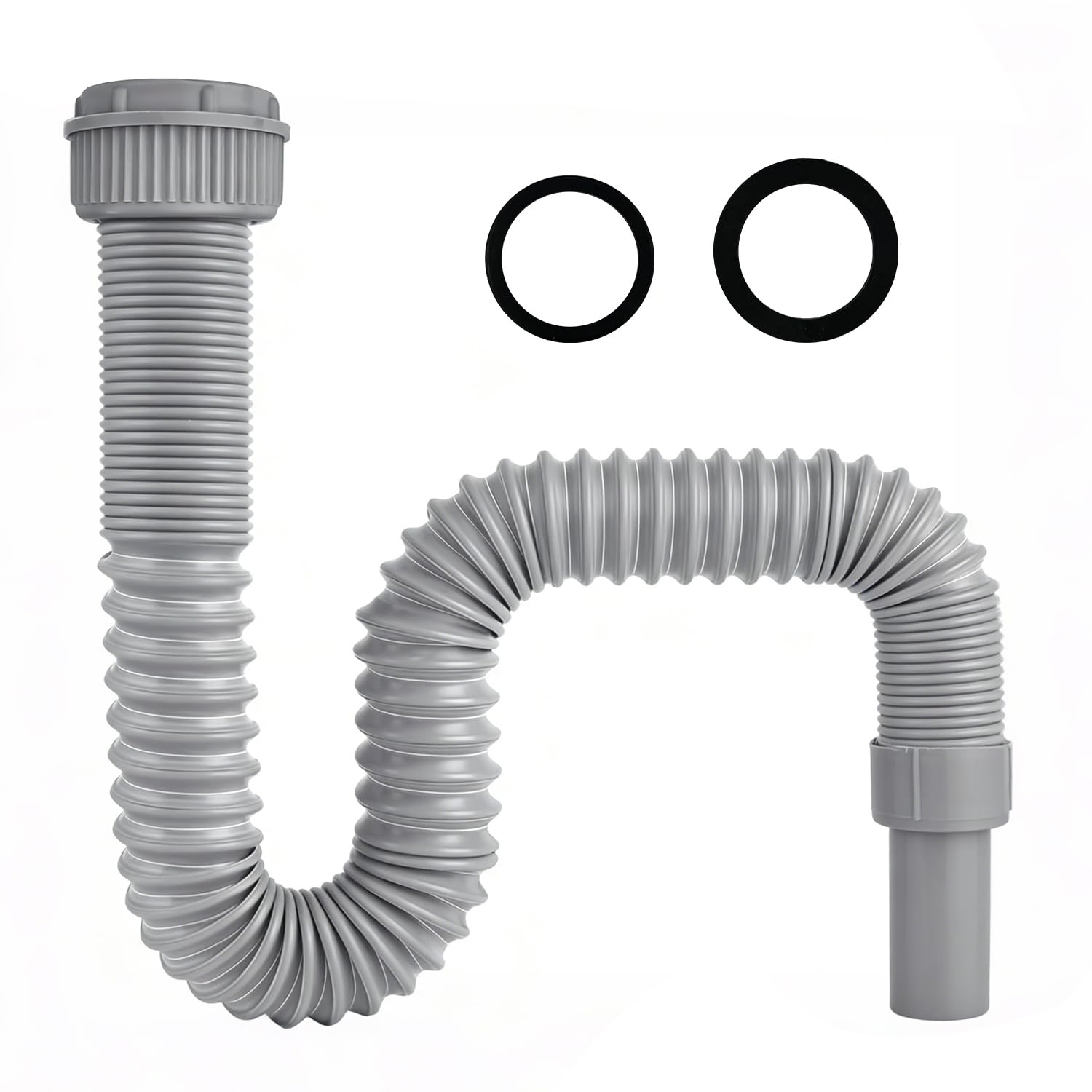 Tubo de desagüe flexible 45 mm, tubo extensible para fregadero, manguera con refuerzo de acero, adaptador 40 mm, kit duradero para cocina y baño (Gris)
