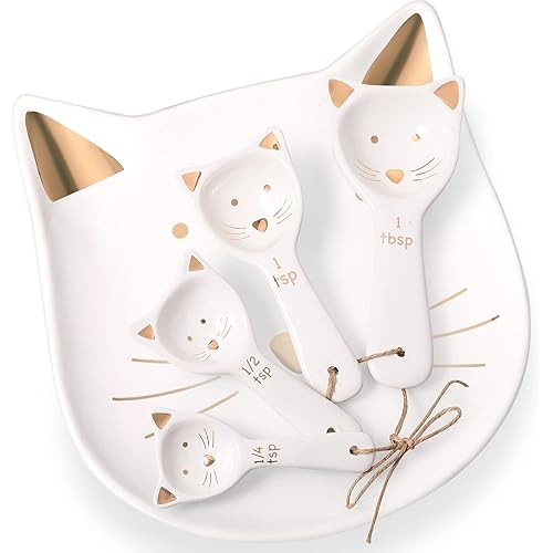 Patelai Cat Spoon Rest for Stove Top Ceramic Soup Spoon Holder and 4 Pieces Cat Shaped Ceramic Measuring Counter for Kitchen Counter