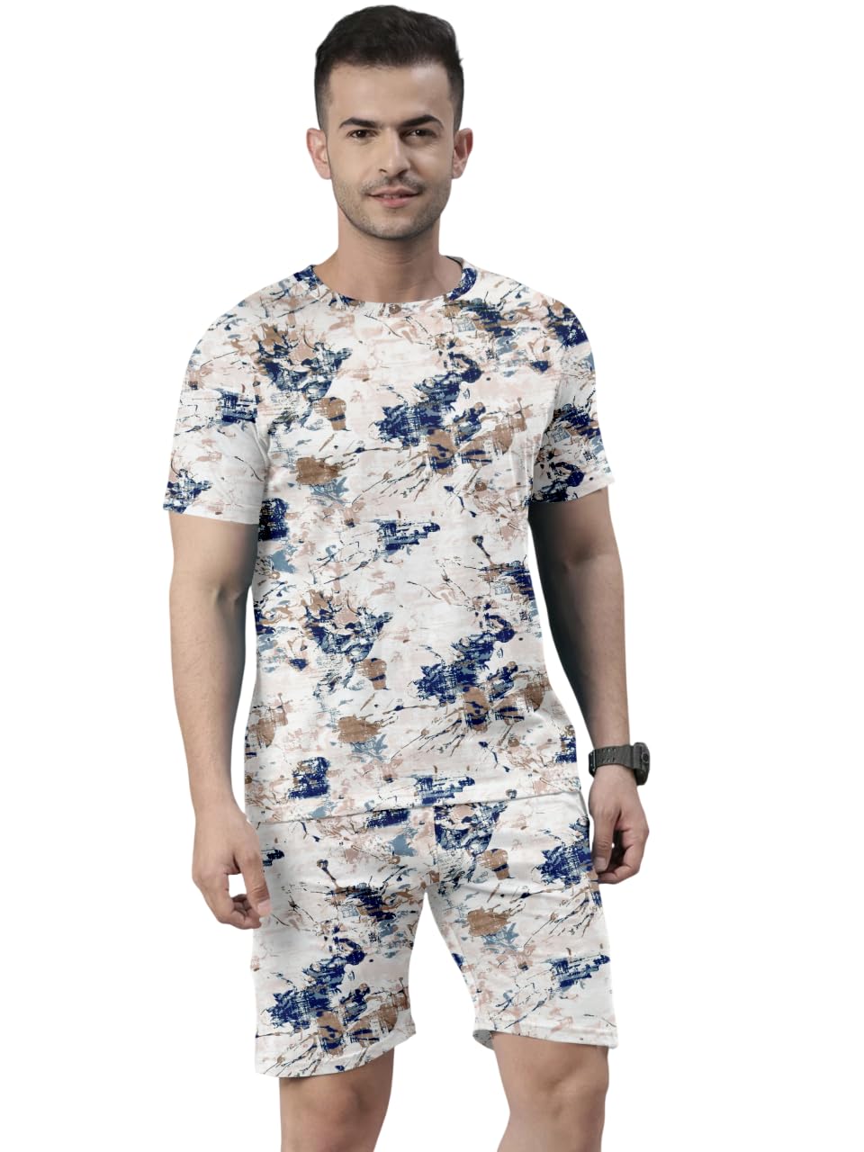qosha Casual Summer Poly Lycra Strachable Digital Printed Casual Sleep & Launge Wear Nightdress, Regular Fit Round Neck Short Sleeve T-Shirt and Classic Shorts Stylish Beach Wear Night Suit for Men-picture-29