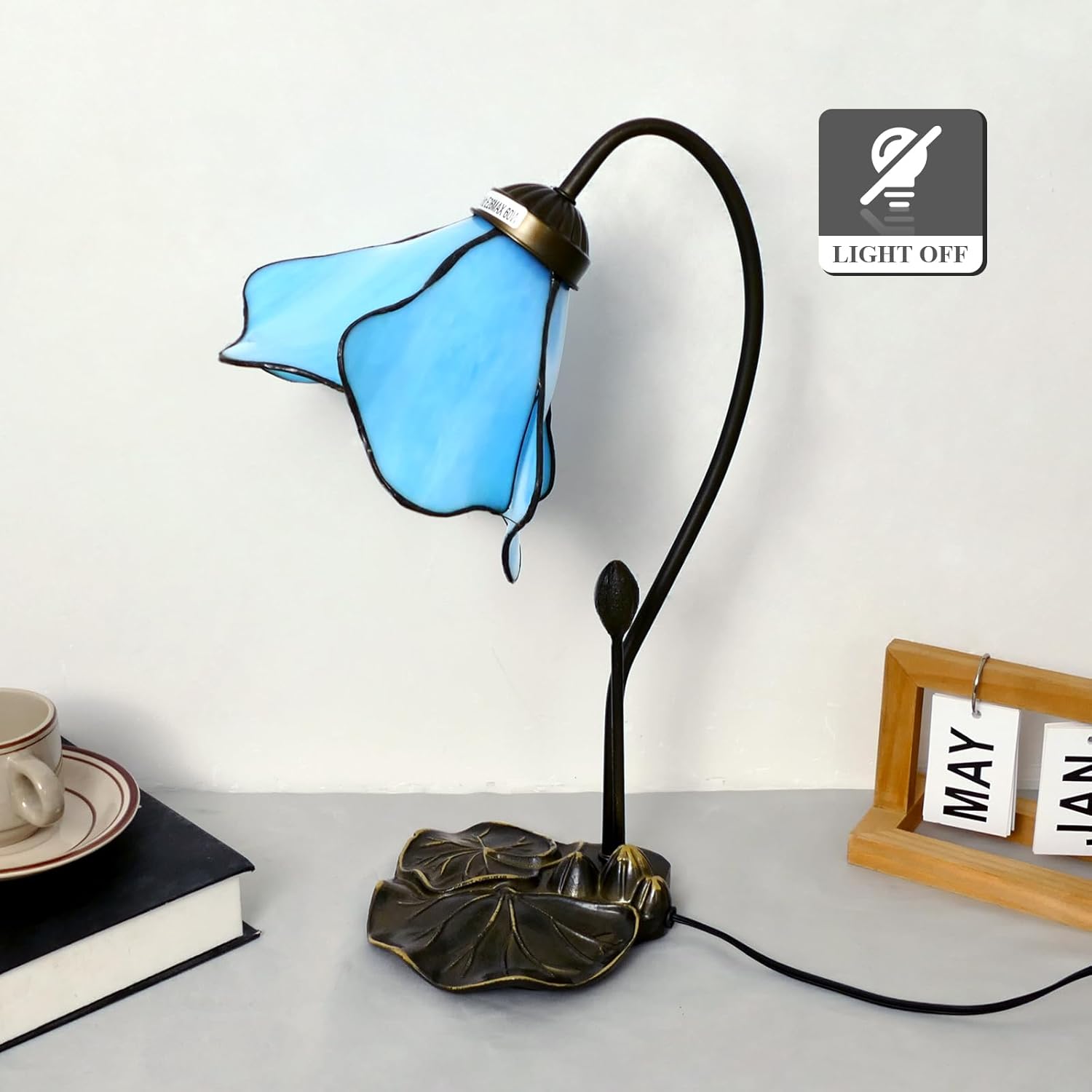 Tiffany Table Lamp Blue Lotus Stained Glass Lamp 8" Wide 14" Tall Bedside Table Light Desk Lamps Vintage Reading Lamp with Color Changing LED Bulb