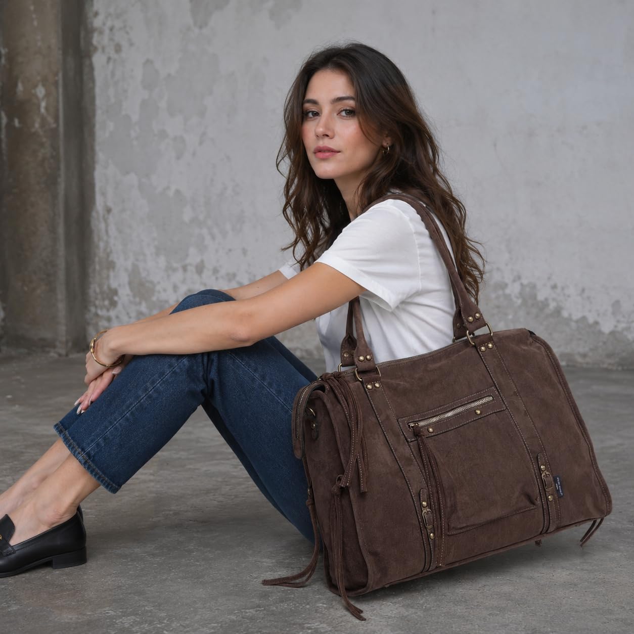 David Jones - Damska torba na zakupy, zamsz, duża torebka w stylu vintage