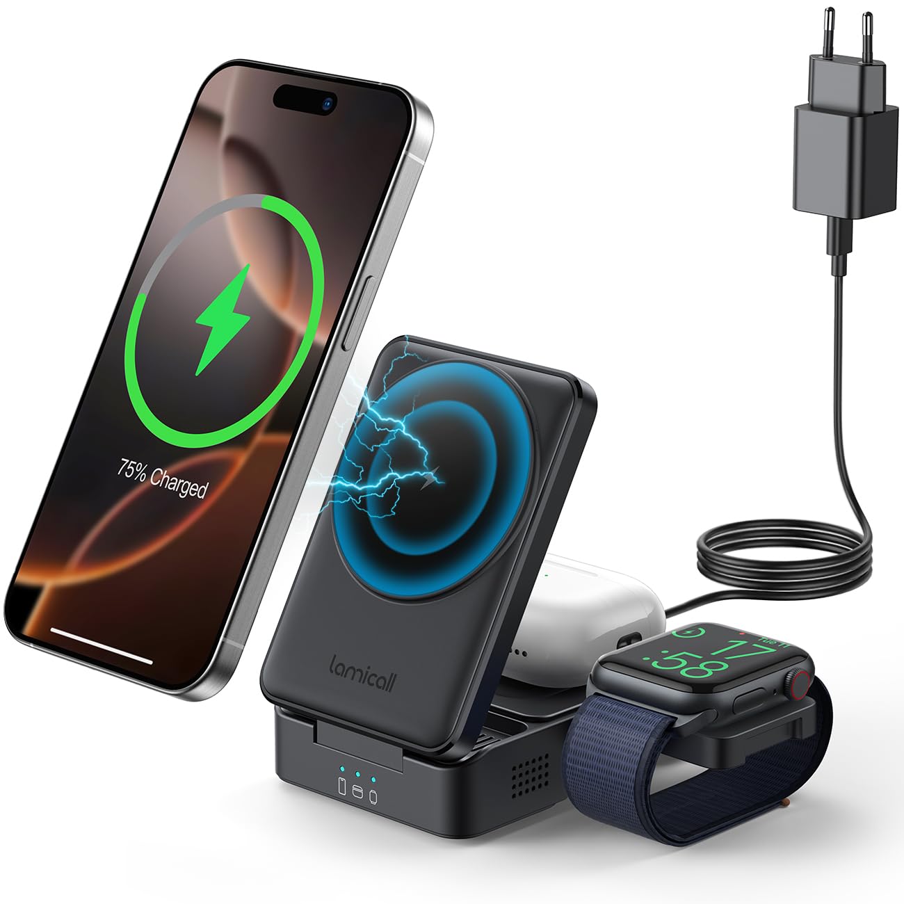 Lamicall 3-IN-1 Caricatore Wireless pour MagSafe - [Pieghevole] Stazione Ricarica da Viaggio, Base Ricarica con Supporto per iPhone 16/15/14/13/12, per AirPods 2/3/Pro, Compatibile con Apple Watch