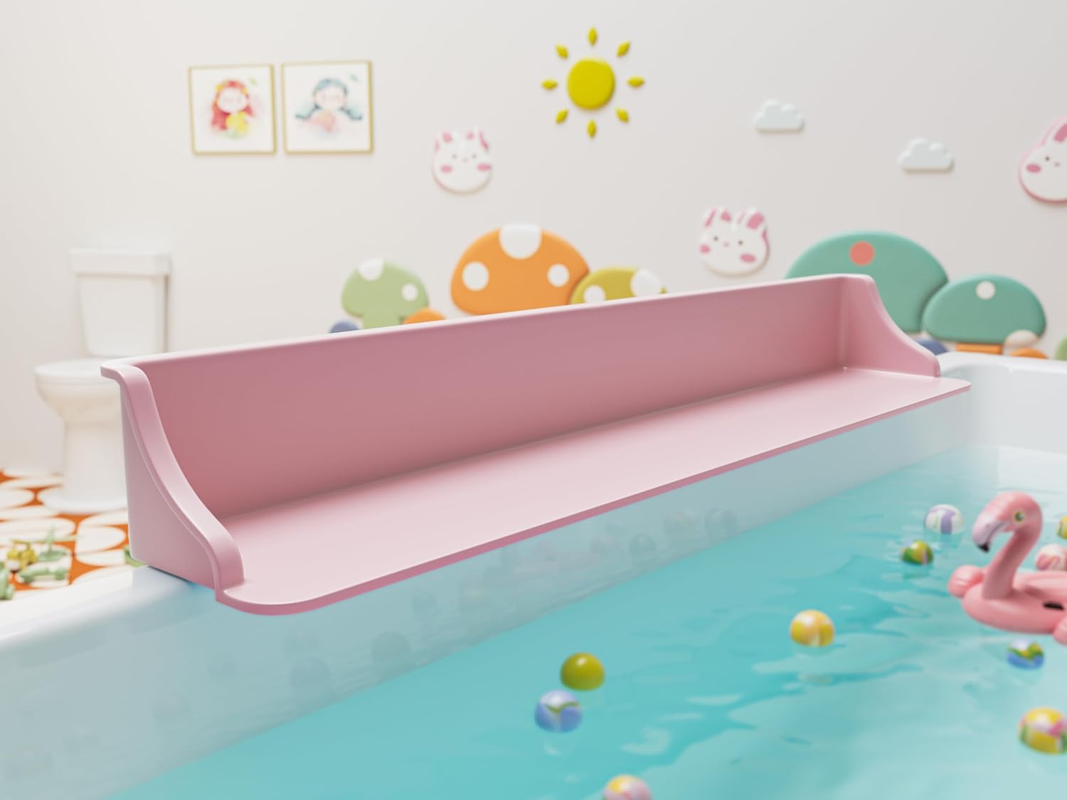 3-Ft Bathtub Splash Guard PlayPad with Strong Suction Cups, Toy Tray Caddy Holder Storage, No-Leak, Mess-Free Bath Time for Kids, White
