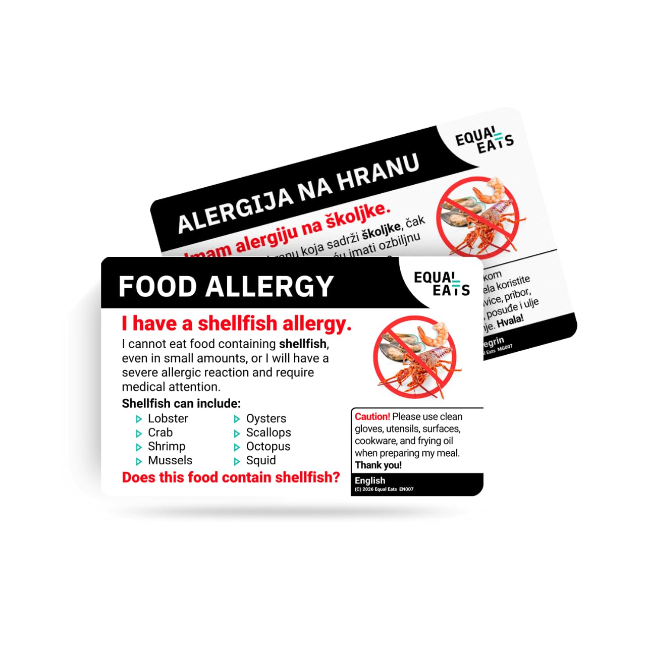 Equal Eats Shellfish Allergy Translation Card, Credit Card Size, English, Food Allergy Alert Card (Montenegrin)