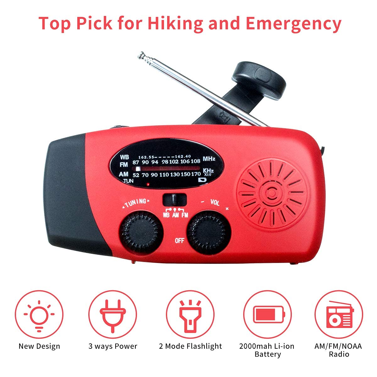 Radio a manovella solare di emergenza aggiornata con torcia a LED, radio meteorologica portatile Am Fm NOAA, caricabatterie per cellulare con banca di energia solare da 2000 mAh per casa e all'aperto
