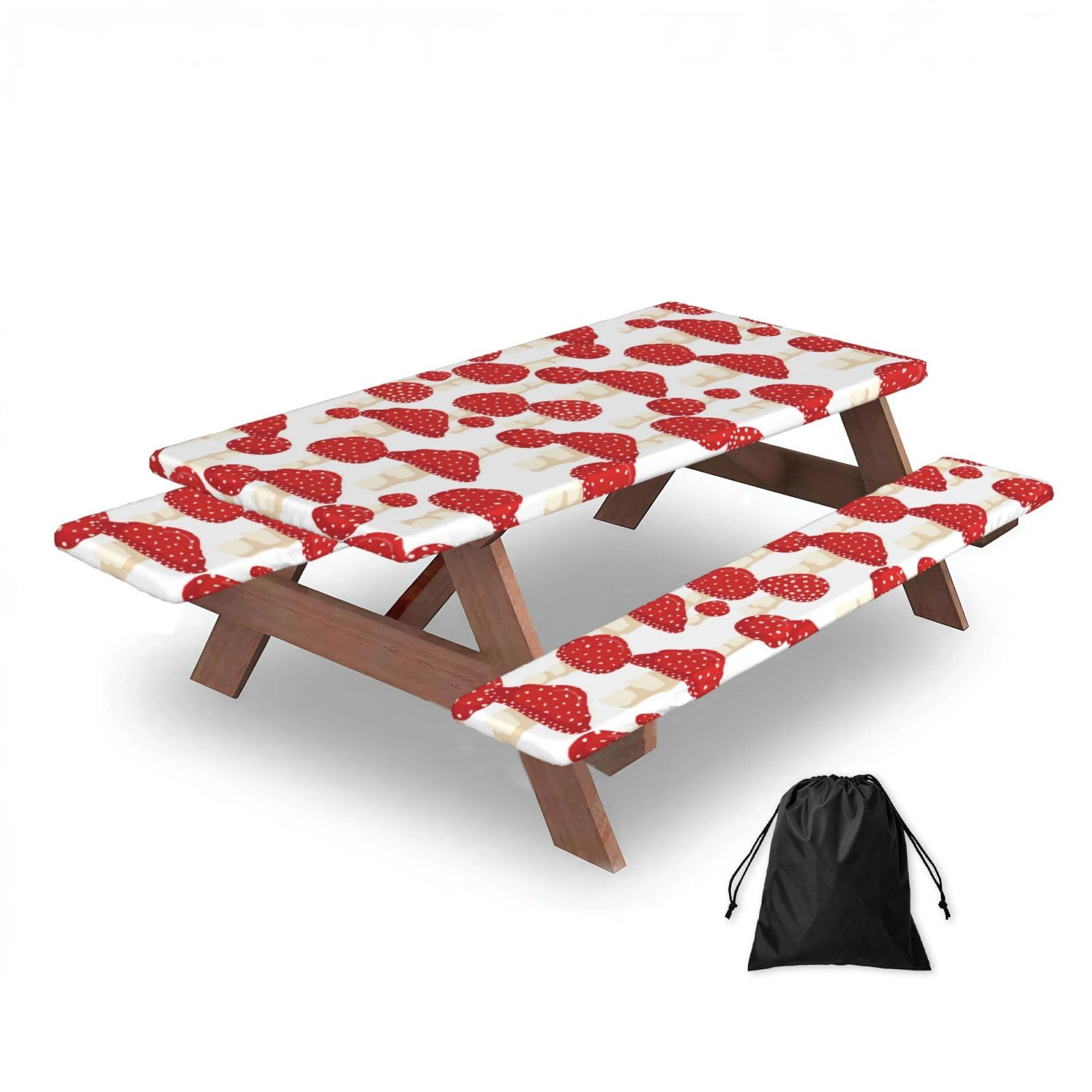 Dopklna As Picture Fly Agaric Red Mushrooms, Picnic Table Cover With Bench Covers -Waterproof Elastic Fitted Tablecloth For Garden Camping Patio 76X152cm
