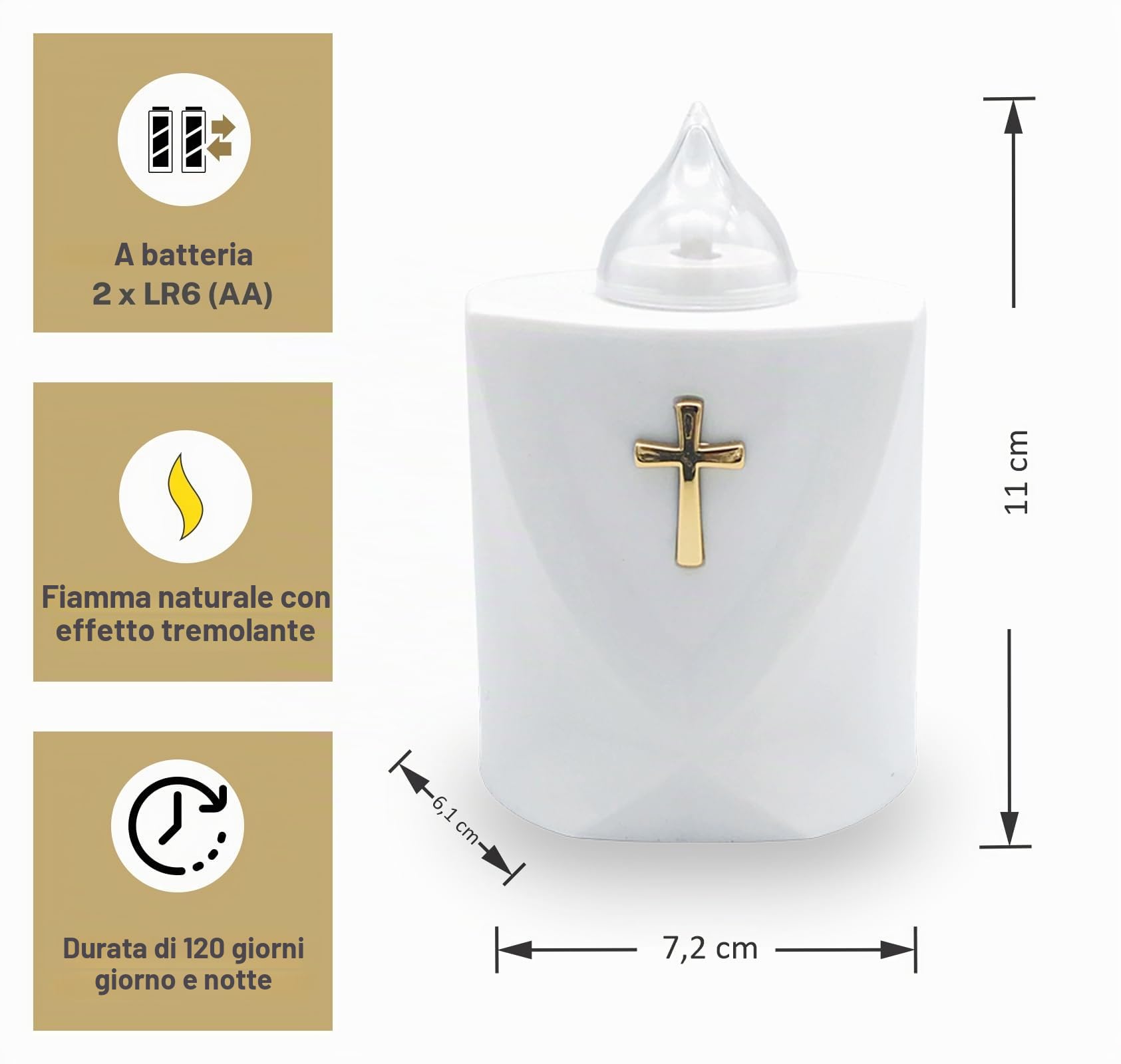 AROBA Candela funeraria a LED, effetto tremolante, lunga durata di combustione fino a 120 giorni, candela da cimitero riutilizzabile, croce sacra bianca