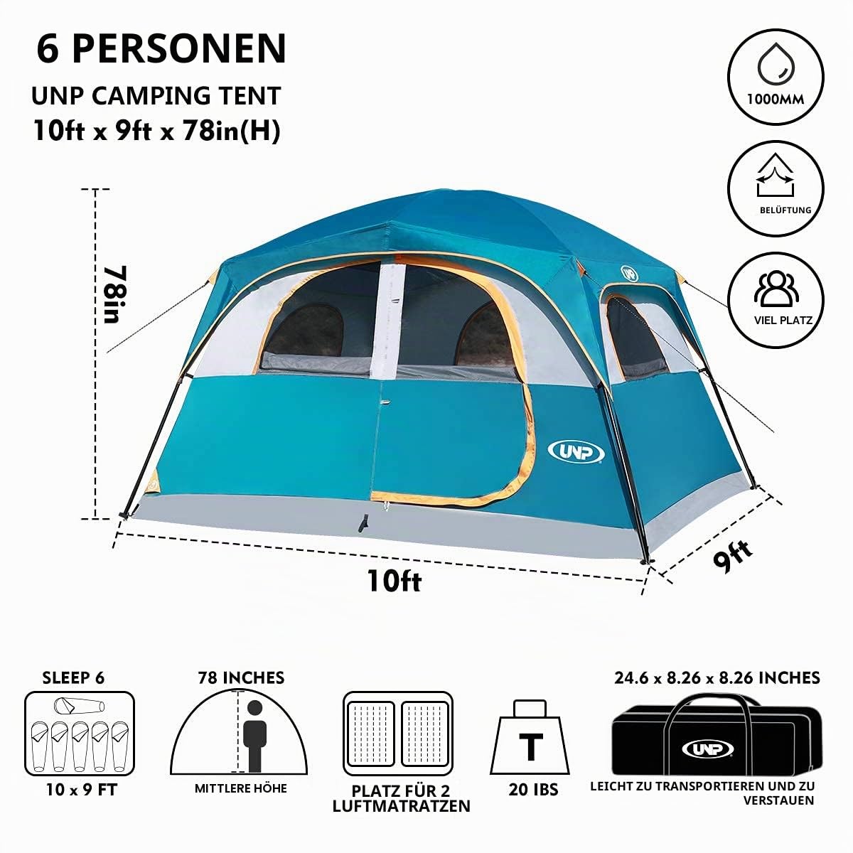 UNP Tents 6 Person Waterproof Windproof Double Layer Family Camping Tent 10x9x78in